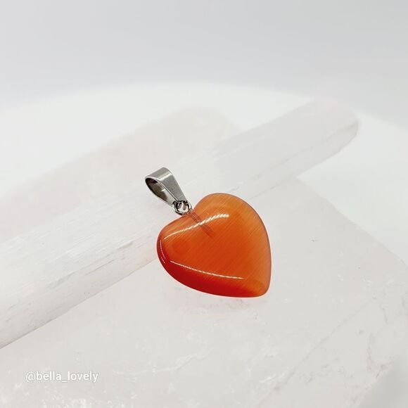 Red Orange Cat Eye Heart Pendant Handmade Jewelry Gift 1.15" - Picture 4 of 4